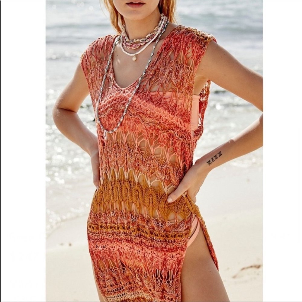 Free People Summer Dress Maxi New Into The Flames Red Orange Crochet Coverup